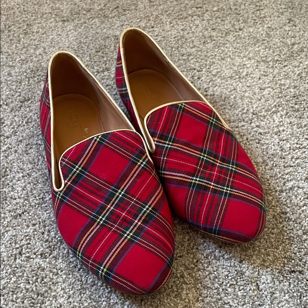 J. Crew Factory red Plaid tartan Women's Loafers Sz 10 gold detail slip on
